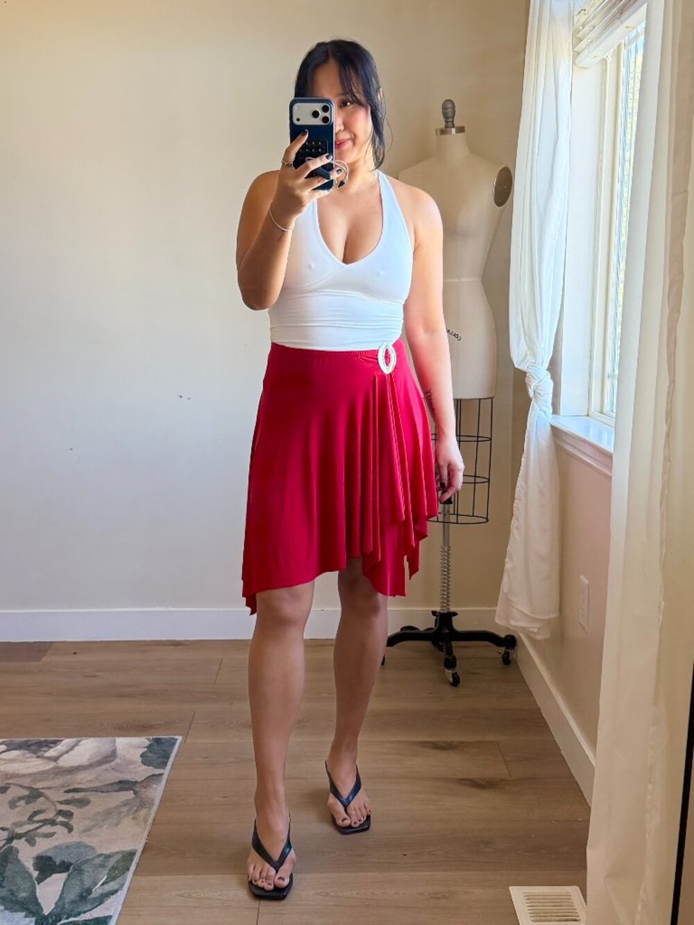 Vintage Y2K Red Mini Skirt | Asymmetrical Flowy Hem | Rhinestone Buckle | Size M